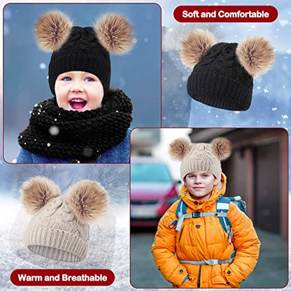 Geyoga 3 Pcs Winter Baby Beanies Double Pompom - color: Black, White, Khaki