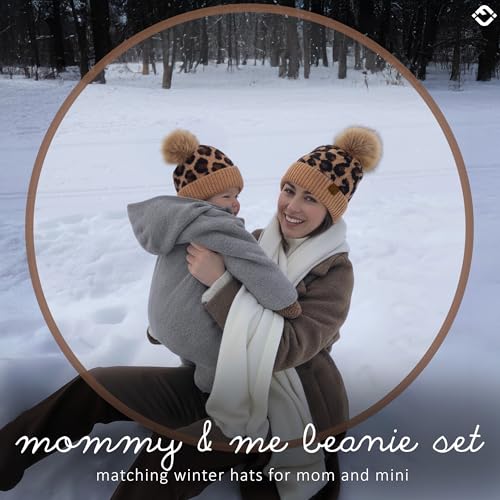 Funky Junque Mommy & Me Pom Pom Beanies Set – Infant Baby & Mom Matching Winter Outfits, Warm Newborn & Women's Beanie Hats - color: Leopard - Latte