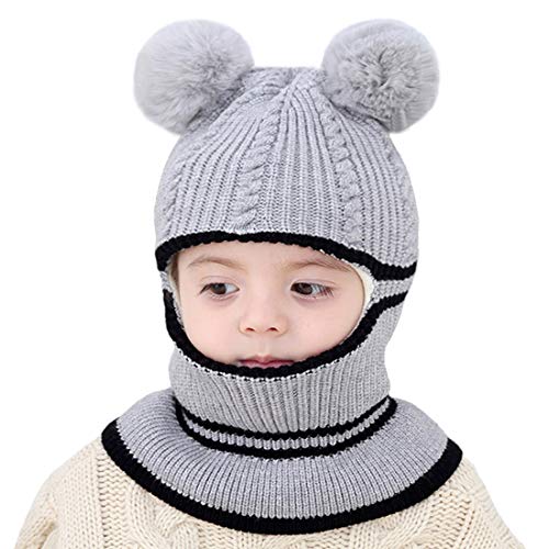 Toddler Winter Hat Baby Balaclava 2 in 1,Fleece Lined Knitted Beanie with Face Mask, Ear Flaps & Pom Pom for Boys Girls - color: Bear-grey