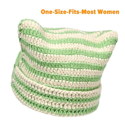 Women Beanie Warm Winter Hats, Soft Knit Lazy Beanie for Women, Women Cat Beanie，Women Fox hat, Slouchy Beanies for Women - color: Beige Green & Black 2pcs