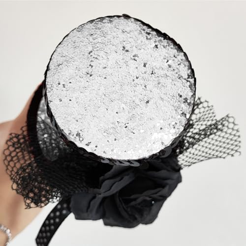 WLBON Halloween Mini Top Hat Headband 1920s Flower Sequins Hair Hoops Bands Fascinator Headpiece Hairband Women Christmas Holiday Festival Parade Cosplay Dress Up Birthday Tea Party Accessories Silver - color: Silver Tone