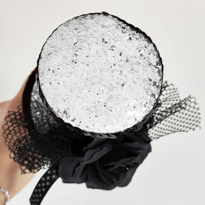 WLBON Halloween Mini Top Hat Headband 1920s Flower Sequins Hair Hoops Bands Fascinator Headpiece Hairband Women Christmas Holiday Festival Parade Cosplay Dress Up Birthday Tea Party Accessories Silver - color: Silver Tone