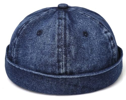 Classic Denim Skull Cap for Men Adjustable Brimless Beanie Hat for Everyday Casual Wear - color: Navy Blue