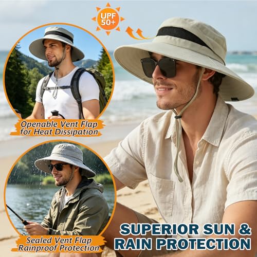 Men's UPF 50+ Waterproof Wide Brim Boonie Hat, Sun & Rain Protection - color: Beige
