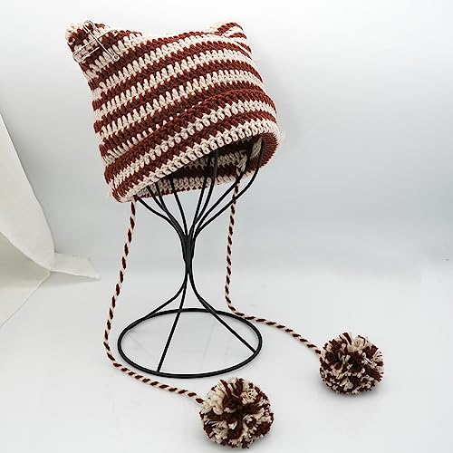XYIYI Crochet Hats for Women Fox Knit Hat with Pompoms Grunge Goth Accessories Slouchy Beanies for Women Girls - color: Coffee Beige