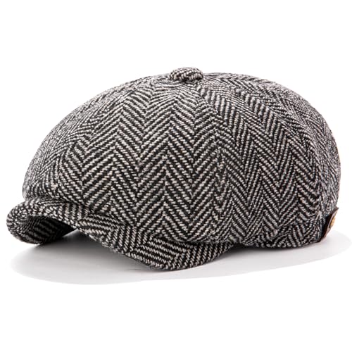 Men's Wool Newsboy Cap 8-Panel Tweed Taxi Hat Herringbone Gatsby Flat Hats - color: Dark Gray