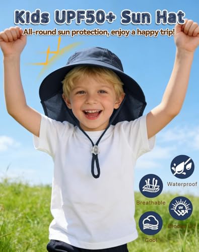 Rosoz Kids Sun Hat with Neck Flap UV Protection Summer Toddler Beach Hat Unisex Ponytail Hat Wide Brim Fishing Hat - color: 1pack-navy Blue
