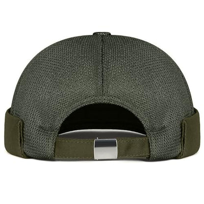 Mens Mesh Brimless Cap with No Brim, Summer Docker Cap Beanie Hat Flip Sailor Skullcap Breathable - color: Dark Green