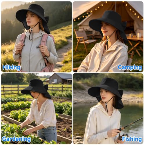 Womens Ponytail Hole Sun Hat with Neck Flap Outdoor UPF 50+ - color: Black