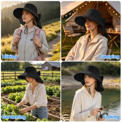 Womens Ponytail Hole Sun Hat with Neck Flap Outdoor UPF 50+ - color: Black