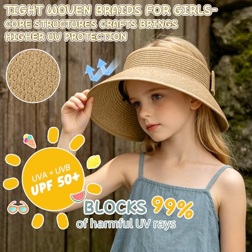 Girls Sun Visor Hat with Ponytail Hole Wide Brim Beach Straw Visor UPF 50+ - color: 1pack-khaki