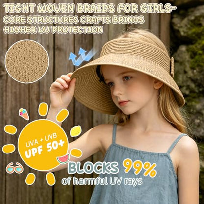 Girls Sun Visor Hat with Ponytail Hole Wide Brim Beach Straw Visor UPF 50+ - color: 1pack-khaki