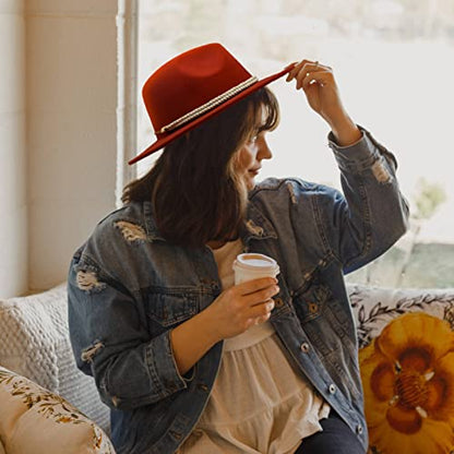 Lady Wide Brim Felt Fedora Panama Hat with Ring Belt - color: Yellow, size: Medium