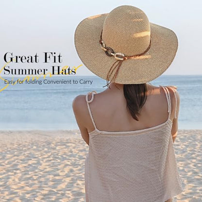 Pleneal Beach Sun Staw Hats for Women, UPF 50+ Foldable Wide Brim Sun Hat - color: Khaki - C