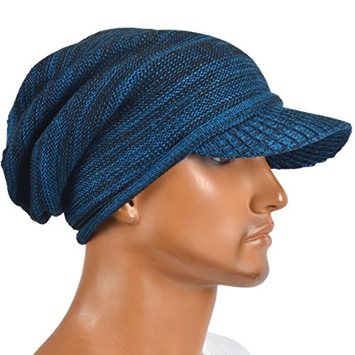Mens Slouch Beanie Vintage Knit Cadet Cabbie Skull Cap with Visor B319 - color: Blue
