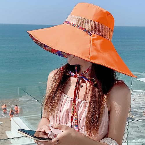 6" Extra Wide Brim Sun Hats UPF 50+ UV Protection Packable Beach Hat Strap Women - color: Orange