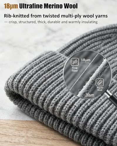 100% Merino Wool Fisherman Beanies for Men Winter Beanie Skull Cap - color: Grey