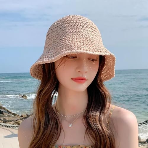 Womens Floppy Straw Sun Hat Packable Wide Brim Summer Beach Hat Foldable Crochet Bucket Hats - color: Pink 2