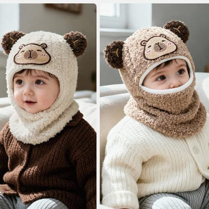 Baby Boys Knit Hat Winter Toddler Girls Balaclava Cute Animals Ear Hat Soft Fleece Lining Cap 6M-24M - color: Beige