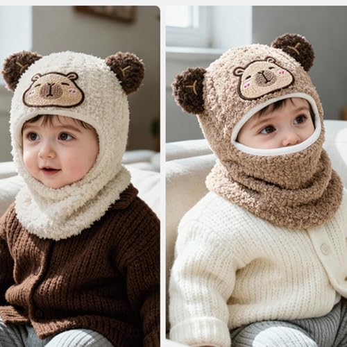 Baby Boys Knit Hat Winter Toddler Girls Balaclava Cute Animals Ear Hat Soft Fleece Lining Cap 6M-24M - color: Khaki