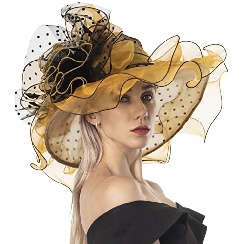 Women's Organza Church Derby Hat Bridal Tea Party Wedding Tea Party Sun Hat with Detachable hat flower as headgear - color: Yellow