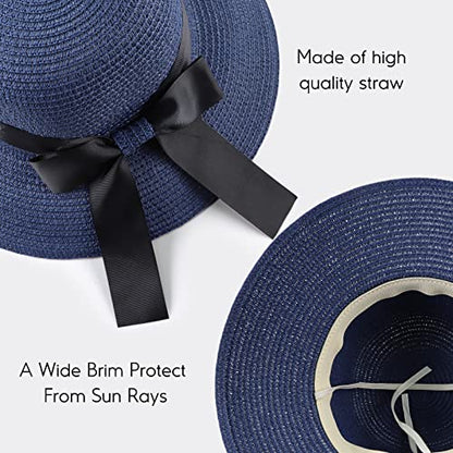 Zsedrut Women,Little Girls Straw Sun Hat Summer Beach Cap Foldable Visor Floppy Hats Wide Brim with Bowknot - color: Navy, size: One Size