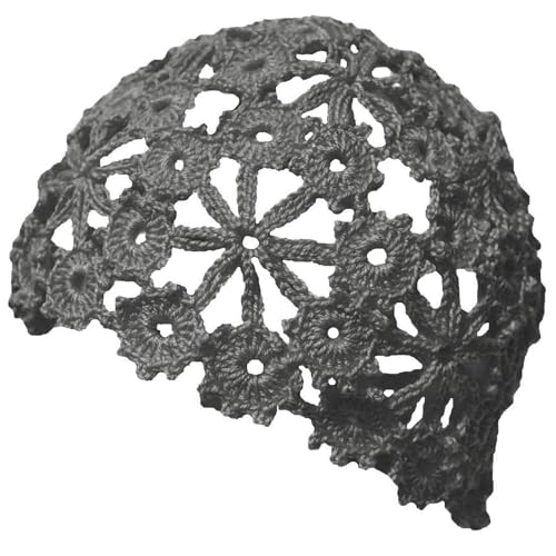 Women Lace Crochet Beanie Hat Handmade Knitted Cutout Floral Skull Cap - color: Dark Grey