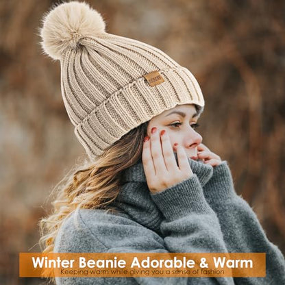 REDESS Womens Winter Knitted Beanie Hat Warm Fleece Lined with Pompom Cap Thick Slouchy Snow Knit Skull Ski Cap - color: Dark&light Grey