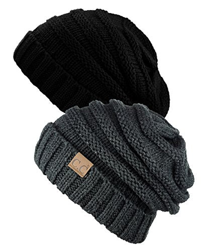 NYFASHION101 Oversized Baggy Slouchy Thick Winter Beanie Hat - color: Black & Melange Gray Metallic