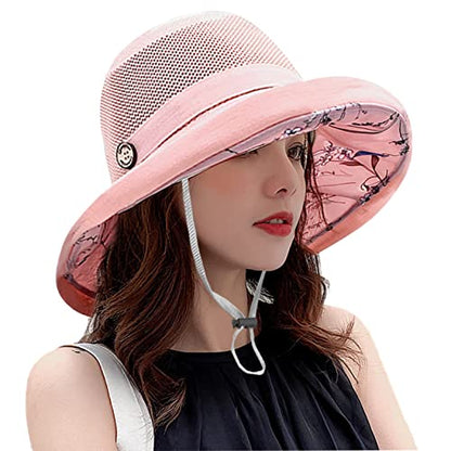 Women Wide Brim Sun Hats Metal Wired Edge Summer UV Protection Beach Fishing Hat for Hiking Garden Travel Chin Strap - color: M9163-pink, size: One Size