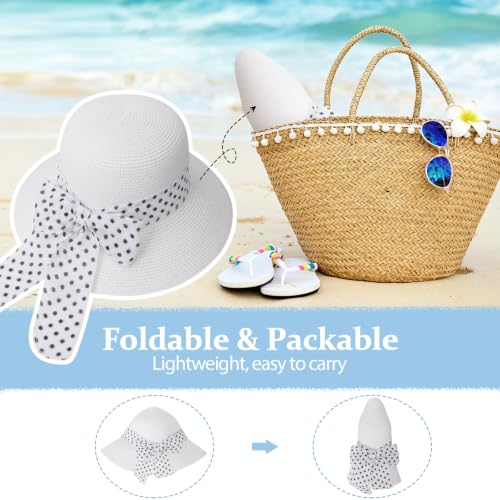 DRESHOW Sun Hats for Women Summer Wide Brim Beach Straw Hat Bowknot Bucket Hats Foldable Floppy Beach Sun Hat UPF 50+ - color: 1 Pack Polka Dot Bowknot Ribbon Hat: White