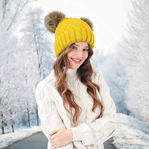 Arctic Paw Womens Winter Hat Cable Knit Beanie for Women Faux Fur Pompom Ears - color: Yellow Hat Coffee Ball