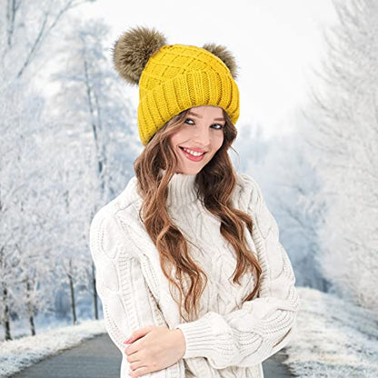 Arctic Paw Womens Winter Hat Cable Knit Beanie for Women Faux Fur Pompom Ears - color: Yellow Hat Coffee Ball
