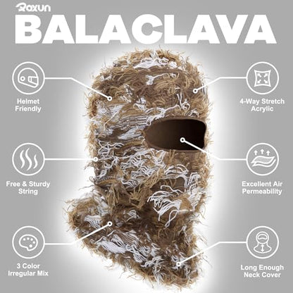 ROXUN Distressed Ski Mask Balaclava, Yeat Shiesty Fluffy Knitted Full Face - color: 01- Brown Mixed