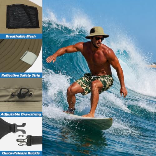 Surblue Surf Bucket Hat with Widened Chin Straps UPF 50+ Windproof Sun Hat Adjustable Packable Cap for Water Sports Surfing - color: Khaki
