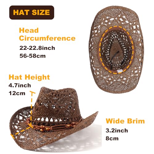 AQOKKA Straw Cowboy Hats for Women Men Western Cowgirl Hats with Shapeable Brim Woven Hollow Out Unisex Beach Roll Up Caps - color: Brown Beads Cowboy Hat : Coffee