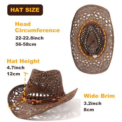 AQOKKA Straw Cowboy Hats for Women Men Western Cowgirl Hats with Shapeable Brim Woven Hollow Out Unisex Beach Roll Up Caps - color: Brown Beads Cowboy Hat : Coffee
