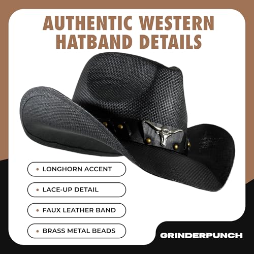 grinderPUNCH Straw Cowboy Hat for Men Women Western Cowgirl Outback Sun Hat - color: Black