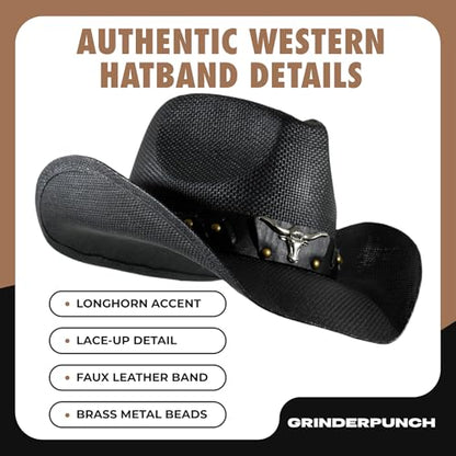 grinderPUNCH Straw Cowboy Hat for Men Women Western Cowgirl Outback Sun Hat - color: Black