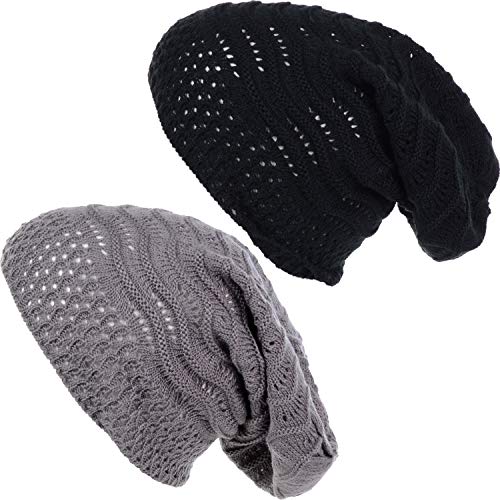 BYOS Women's Airy Cool Lightweight Cutout Long Slouchy Crochet Knit Beanie Hat - color: 2 Pack-wavy Line Charcoal Gray & Bk