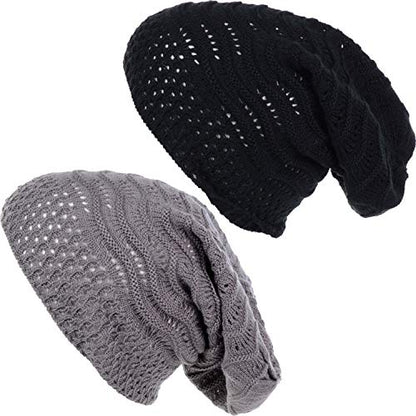 BYOS Women's Airy Cool Lightweight Cutout Long Slouchy Crochet Knit Beanie Hat - color: 2 Pack-wavy Line Charcoal Gray & Bk