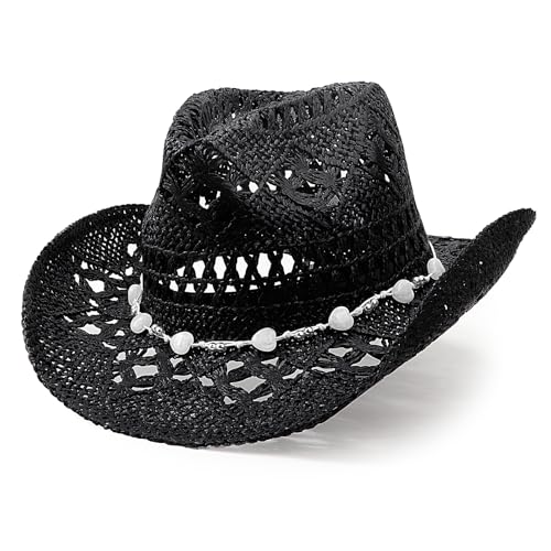 AQOKKA Straw Cowboy Hats for Women Men Western Cowgirl Hats with Shapeable Brim Woven Hollow Out Unisex Beach Roll Up Caps - color: Cowboy Hat : Dark Black B