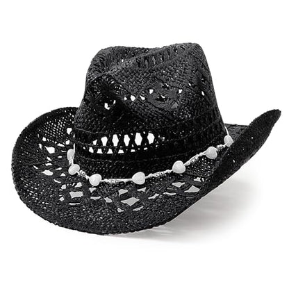 AQOKKA Straw Cowboy Hats for Women Men Western Cowgirl Hats with Shapeable Brim Woven Hollow Out Unisex Beach Roll Up Caps - color: Cowboy Hat : Dark Black B