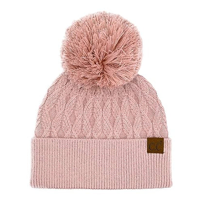 C.C Lurex Cable Pom Beanie for Women - Stretchable Soft Warm Knit Winter Skully Hat with Yarn Pom - color: Rose / Rose Metallic