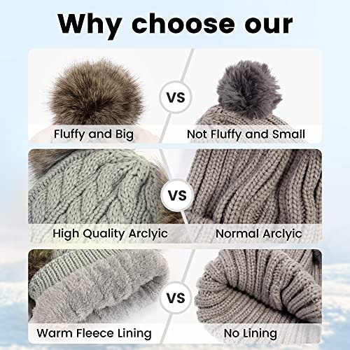 Arctic Paw Pom Pom Beanie Cable Knit Fleece Lined Winter Beanie Women Hat - color: Light Grey