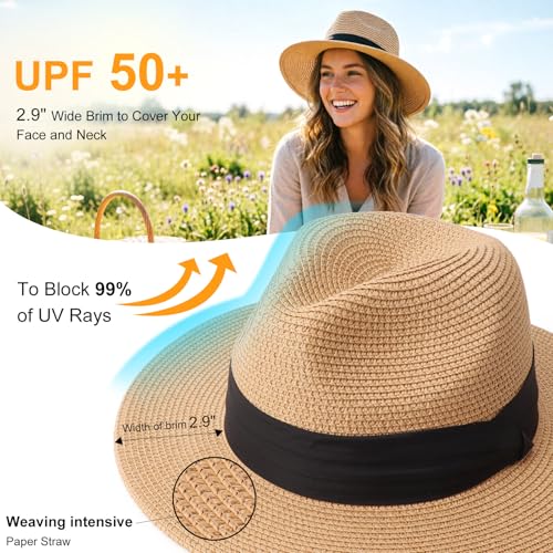 DRESHOW Women Straw Panama Hat Travel Fedora Beach Sun Hat Summer Wide Brim Straw Roll up Hats UPF 50+ - color: Fedora Khaki