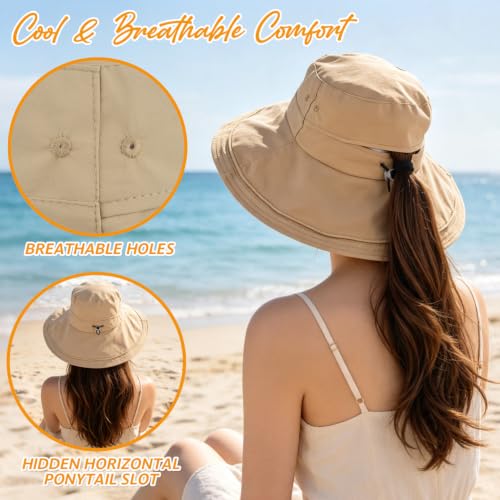 Women's UPF 50+ Waterproof Wide Brim Sun Bucket Hat with Ponytail Hole - color: Camel