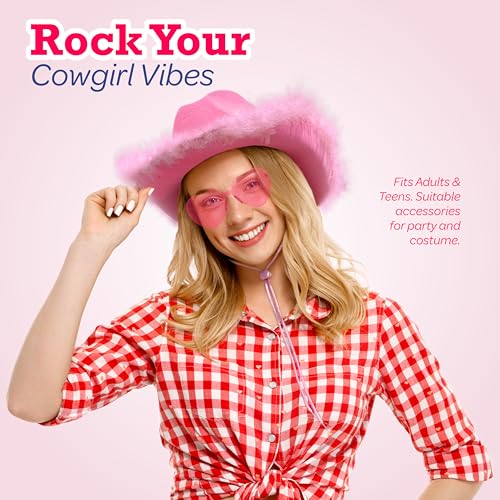 4E's Novelty Cowboy Hat with feathers With Heart Shaped Sunglasses for Women, Felt Cowgirl Hat for Party Costume Dress Up - color: Pink