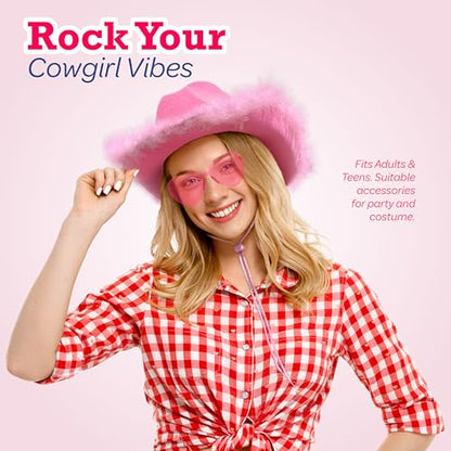 4E's Novelty Cowboy Hat with feathers With Heart Shaped Sunglasses for Women, Felt Cowgirl Hat for Party Costume Dress Up - color: Pink
