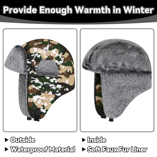 Olreco Waterproof Toddler Winter Hat Warm Fur Fleece Baby Boy Winter Hat Kids Snow Hats Girls Boys Trapper Hats with Earflaps - color: Waterproof Desert Camo With Grey Fur, size: 2-5T